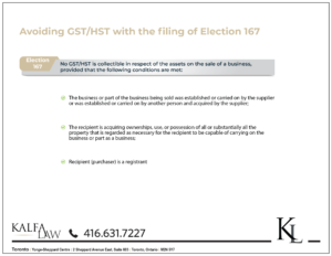 Tax elections on the sale of a business: Avoiding GST/HST with the filing of Election 167